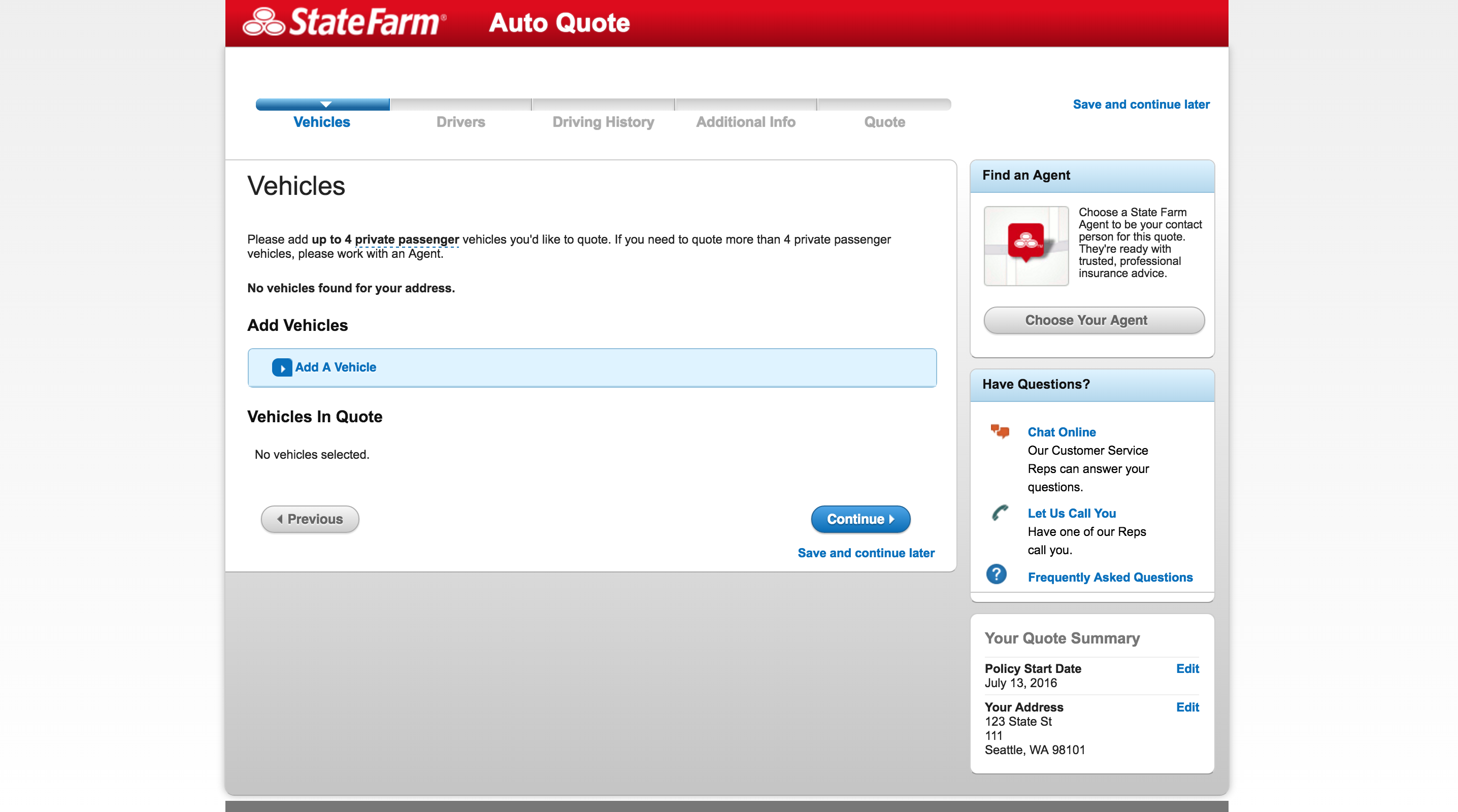 State Farm auto flow screenshot